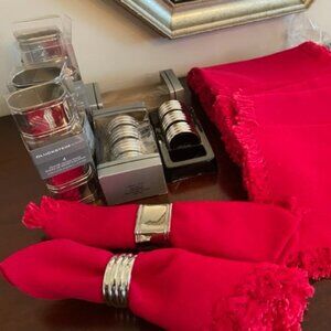 Vintage NWT 16 Gluckstein Pewter & 8 Silver Plated Napkin Rings & Cotton Napkins